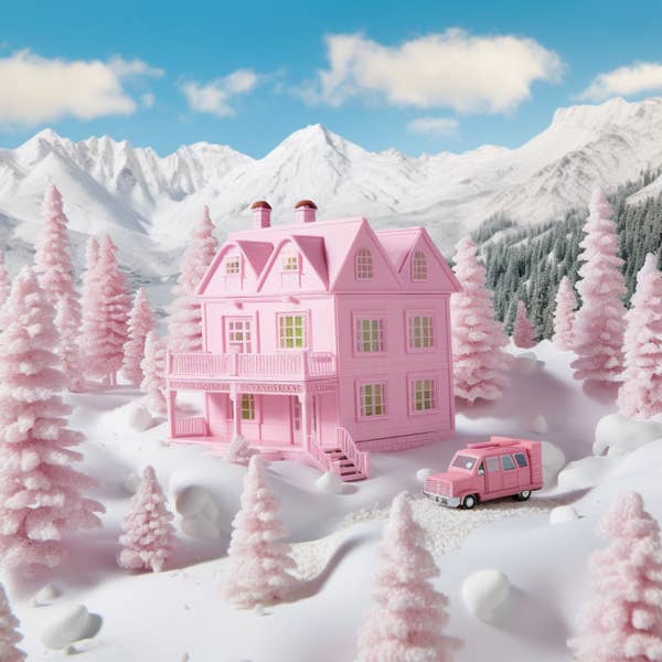 A pink house with a pink car, pink trees, and snow