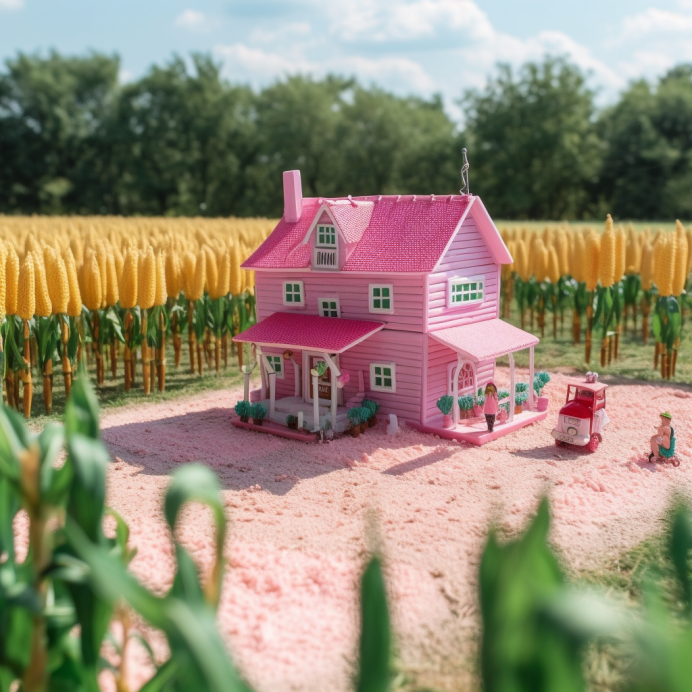 A pink house in the middle of a corn field