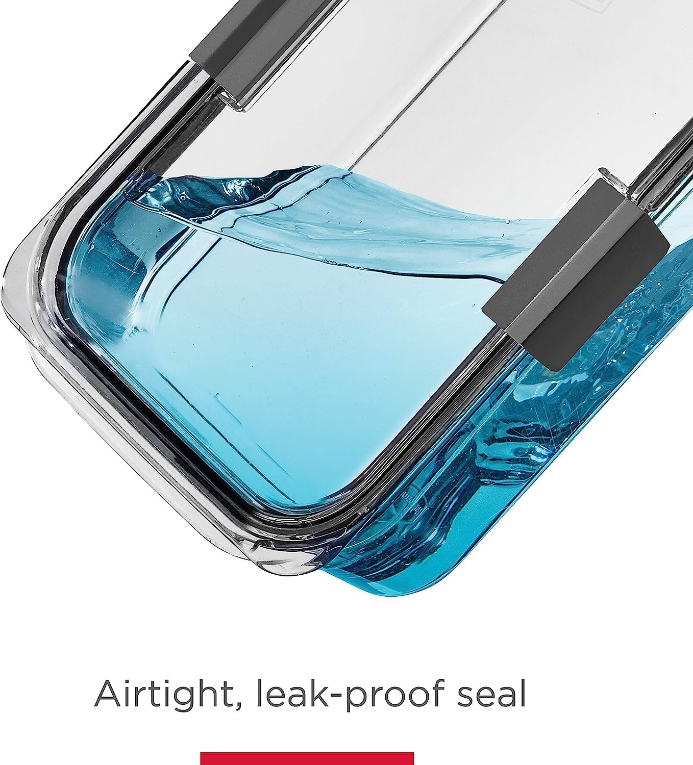 the container filled with blue liquid, on its side, showing how it doesn't leak