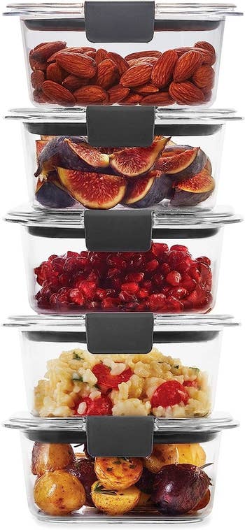 the stack of 10 clear containers with different foods in each