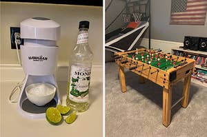 on left: shaved ice machine next to bottle of cucumber flavoring and lime wedges. on right: foosball table in indoor game room