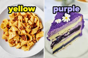 On the left, some pasta bolognese labeled yellow, and on the right, a slice of taro cake labeled purple