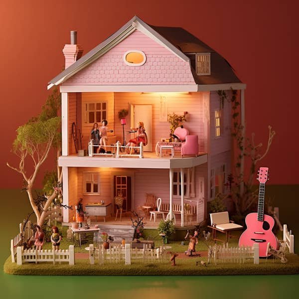 A pink house with play people on the first and second levels