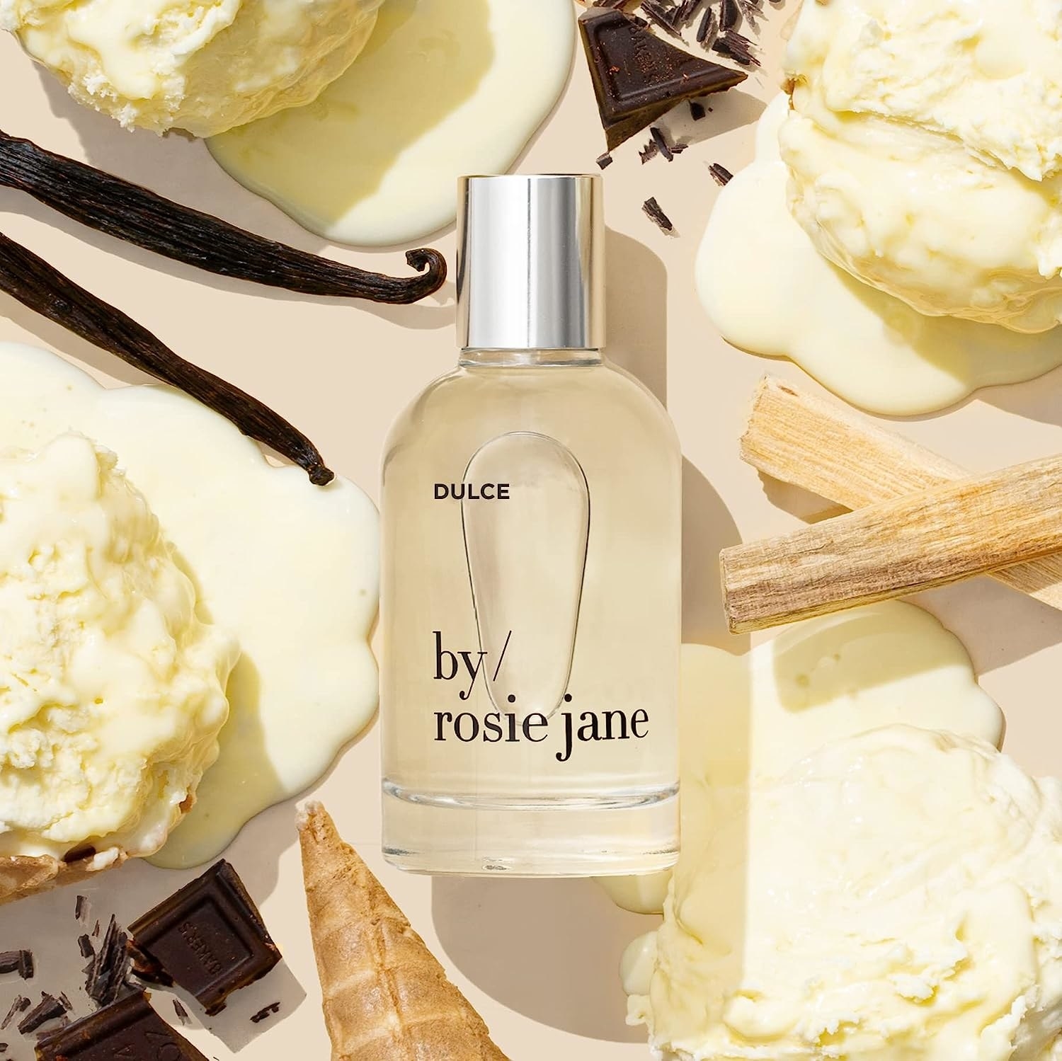 the dulce eau de parfum surrounded by wood, vanilla and chocolate