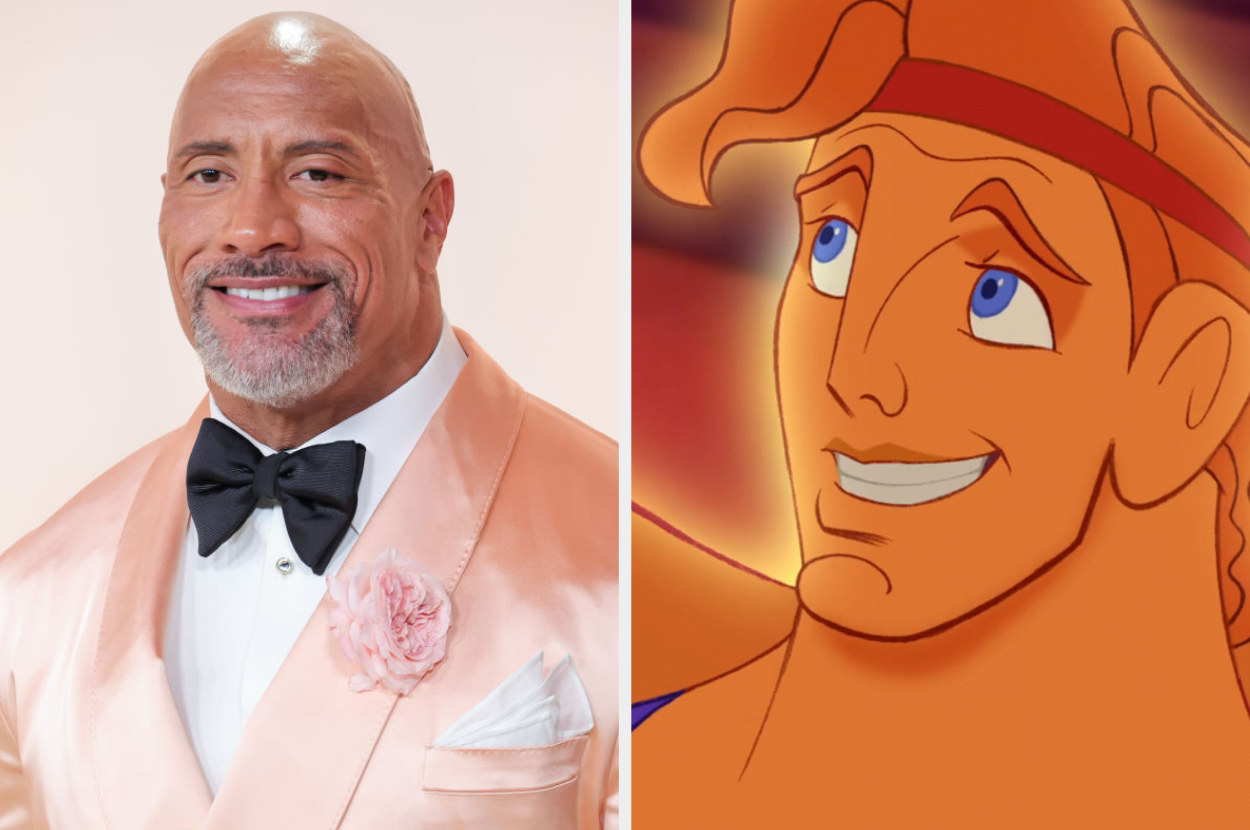 Close-up of The Rock in a bow tie and animated Hercules