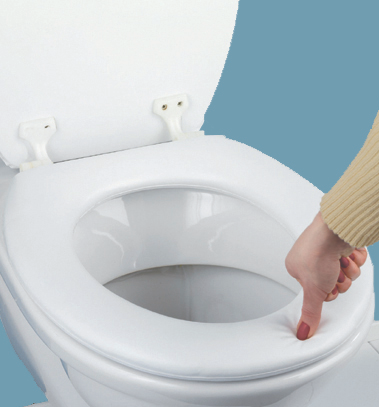 Someone pushing their thumb into a padded toilet seat