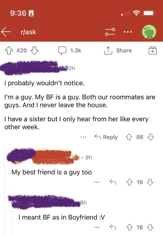 someone clarifying that they meant B.F as in boyfriend not best friend