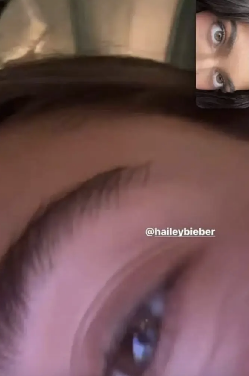 closeup of hailey&#x27;s and kylie&#x27;s eyes on a facetime call