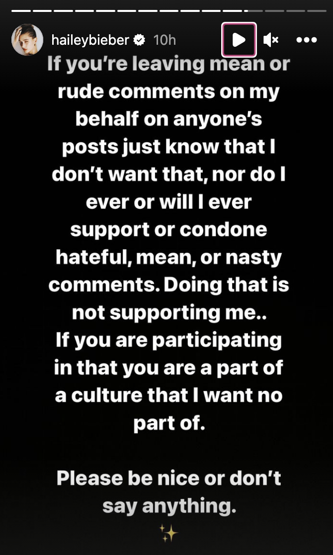 her instagram story with the message