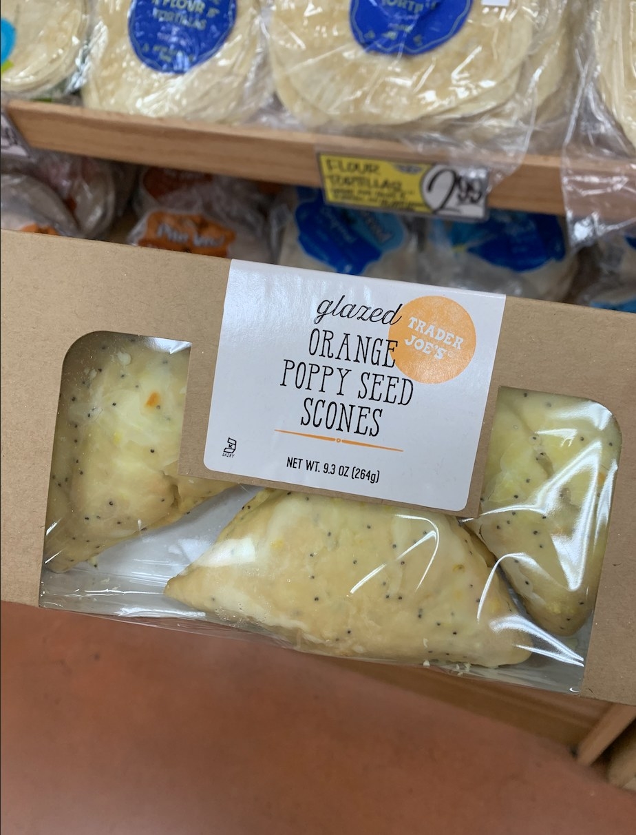 Packages of Trader Joe&#x27;s glazed orange poppy seed scones on display