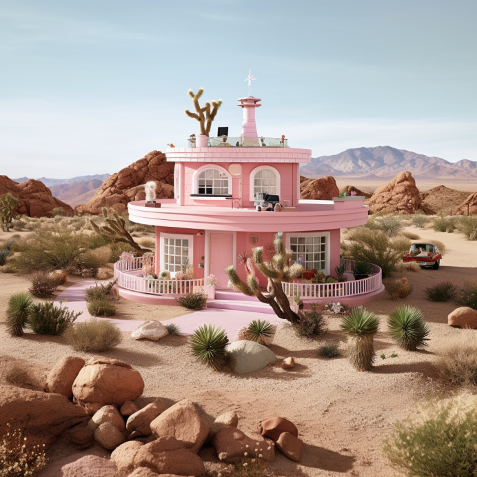 A pink house surrounded by the desert