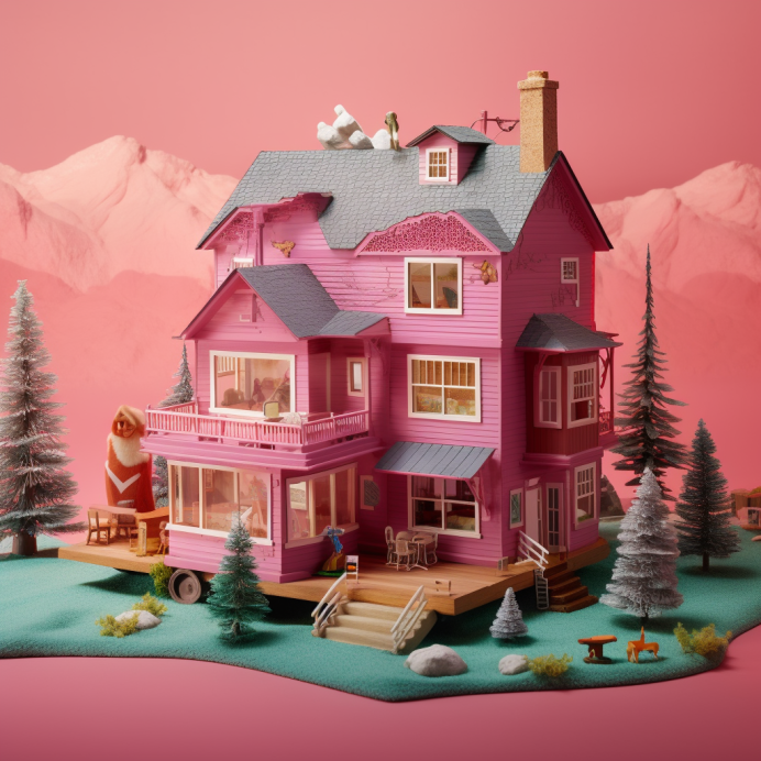 A pink house with mountains in the background