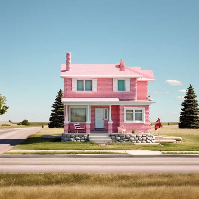A pink house with open fields behind it
