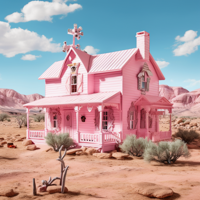 A pink house in the middle of the desert