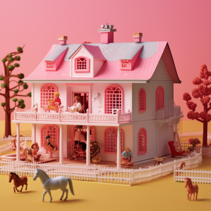 A pink house with horses in the front