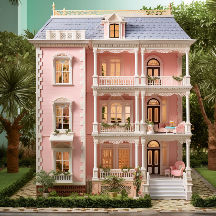 A multi-story pink house