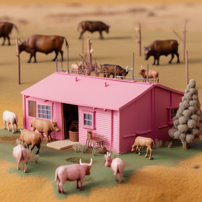 Pink house surrounded by livestock