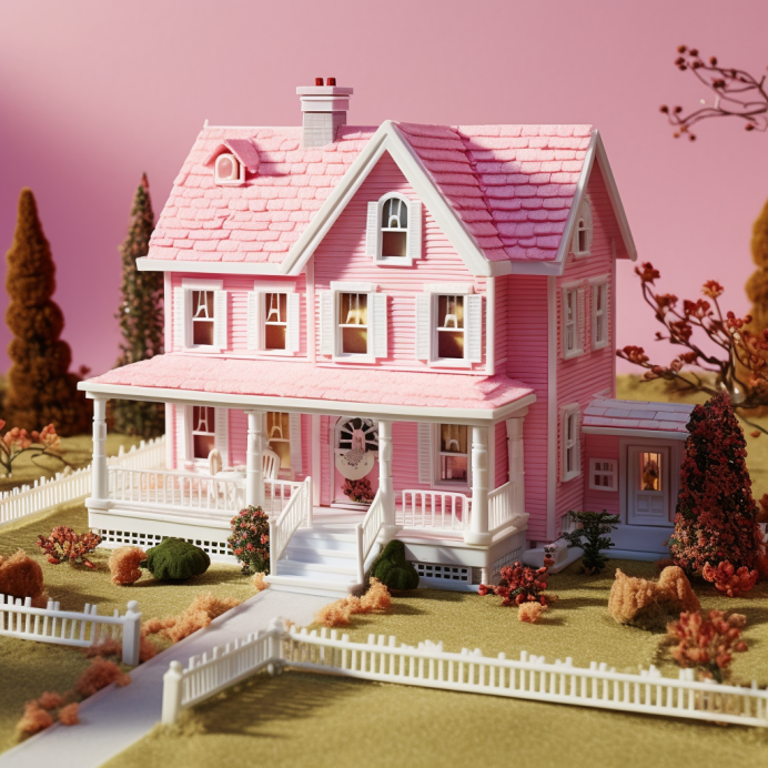 A pink house with a white picket fence