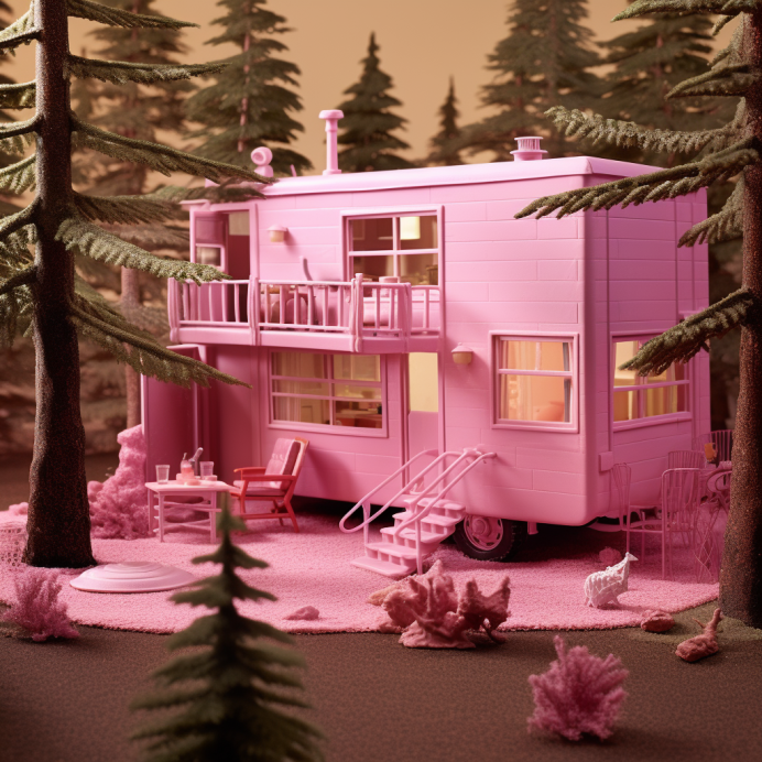 A pink house in the woods