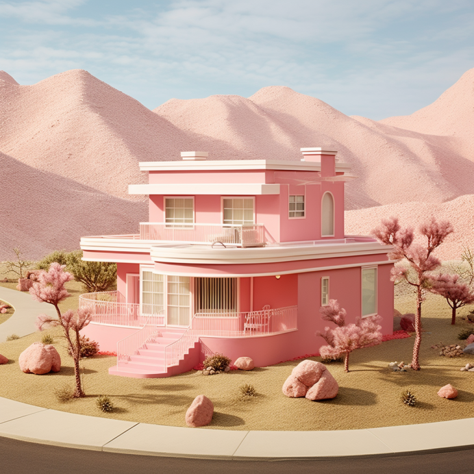 A pink house with mountains behind it