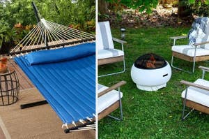 on left: blue tree hammock. on right: circular mid-century modern-inspired lit fire pit in the middle of chairs on a lawn