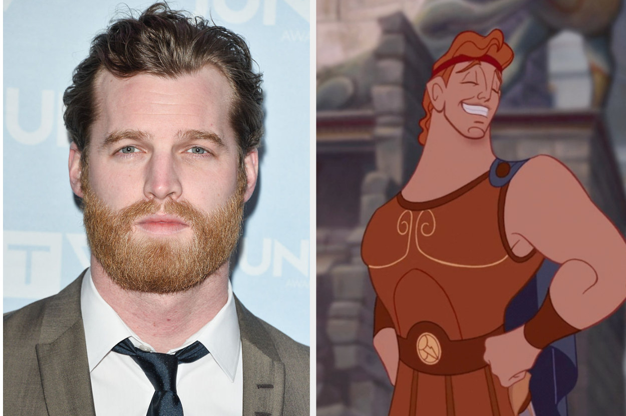 Close-up of Jared in a suit and tie and an animated Hercules