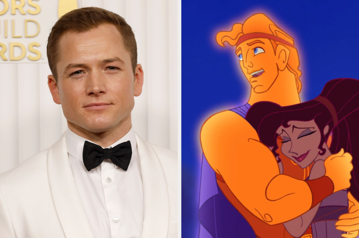 Close-up of Taron in a bow tie and an animated Hercules