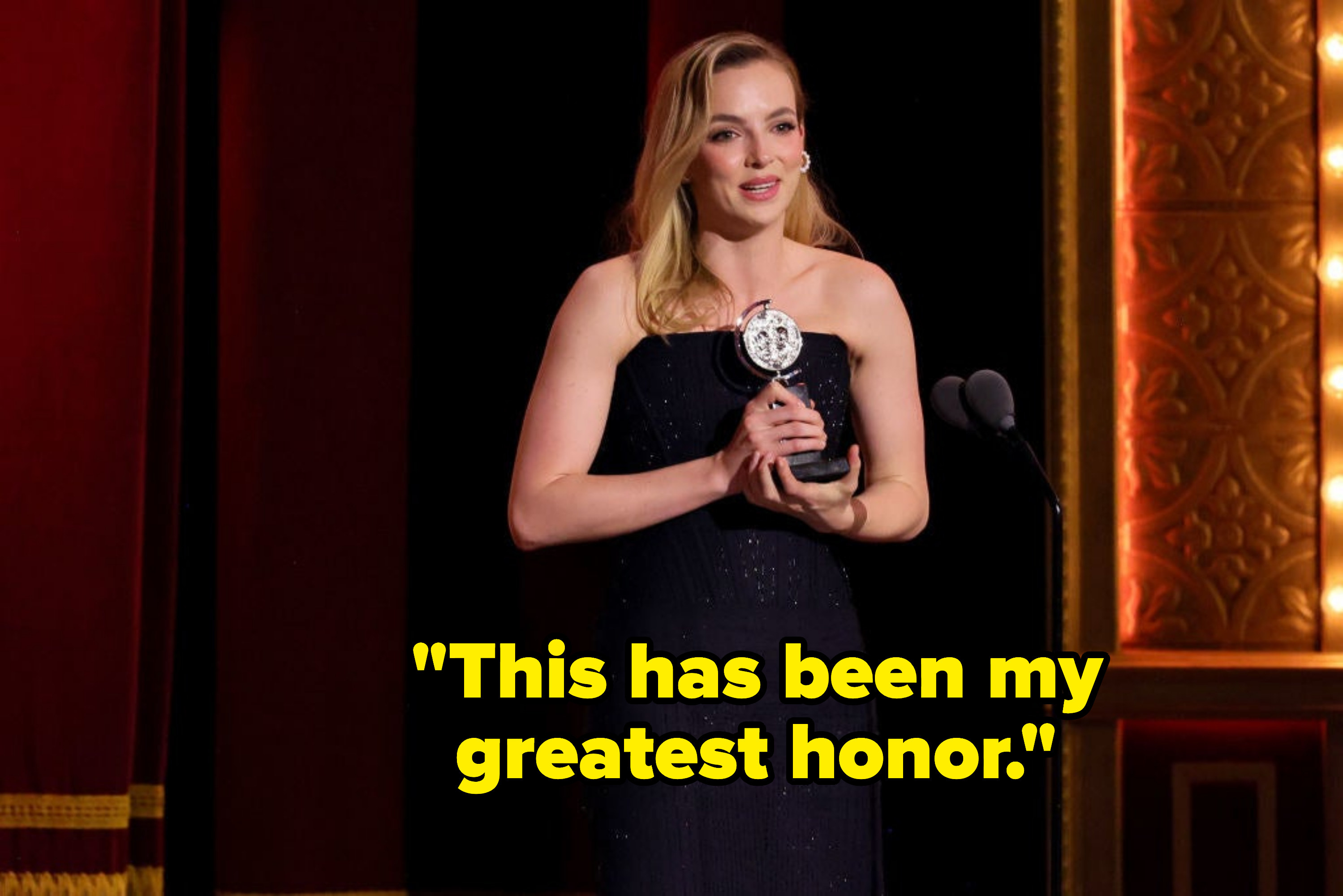Jodie Comer accepts the award for Best Leading Actress in a Play for &quot;Prima Facie&quot; onstage during The 76th Annual Tony Awards