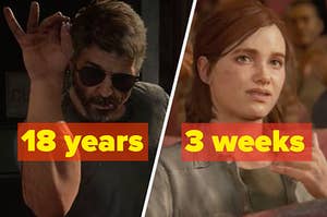 The Last Of Us video game characters: the man sprinkles salt and the girl looks embarrassed.