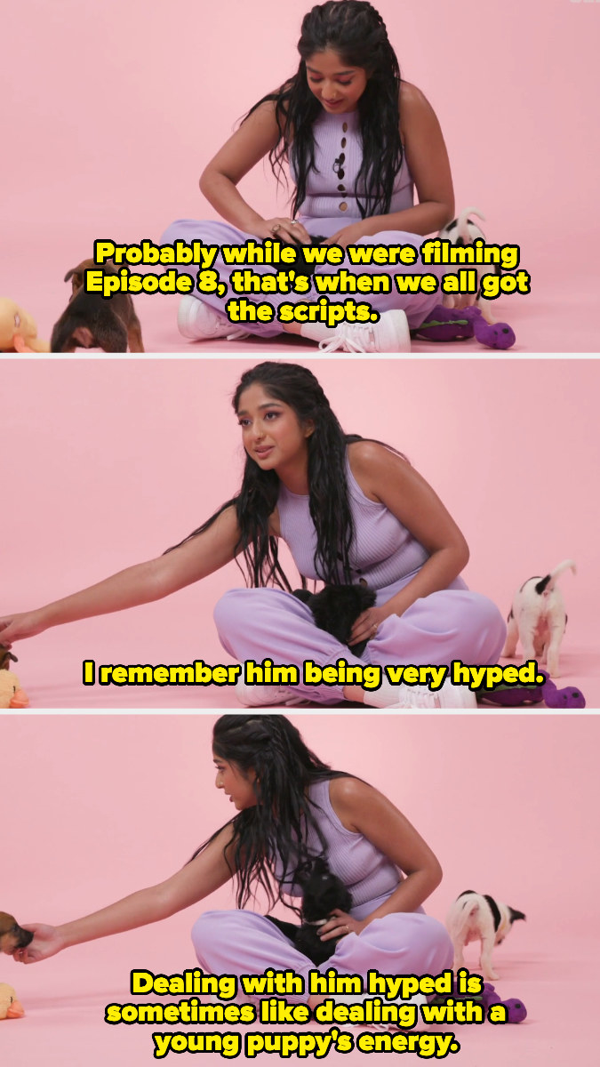 Maitreyi playing with puppies while talking about how they found out while filming Episode 8 and how &quot;hyped&quot; Jaren was, and how dealing with him hyped &quot;is sometimes like dealing with a young puppy&#x27;s energy&quot;