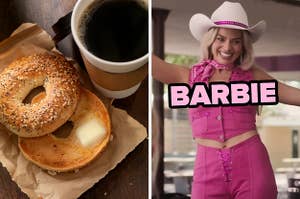 On the left, a cup of coffee next to an everything bagel with butter, and on the right, Margot Robbie as Barbie in Barbie