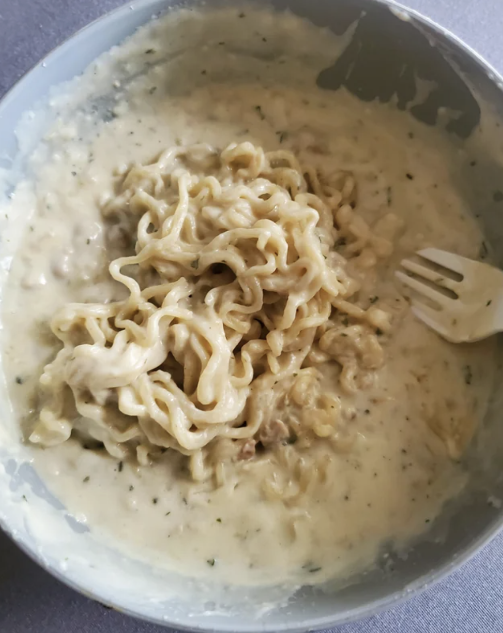 Cream of mushroom soup with ramen noodles.