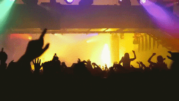 A GIF of a rave with people&#x27;s hands in the air and lights flashing