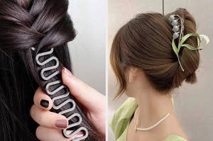 side by side photos of a person getting their hair braided using a hair braiding tool, and another person wearing a flower claw clip in their hair.