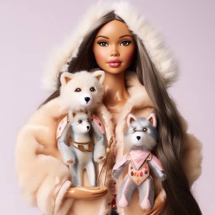 A Barbie wearing a fur jacket holding little wolf-like dogs