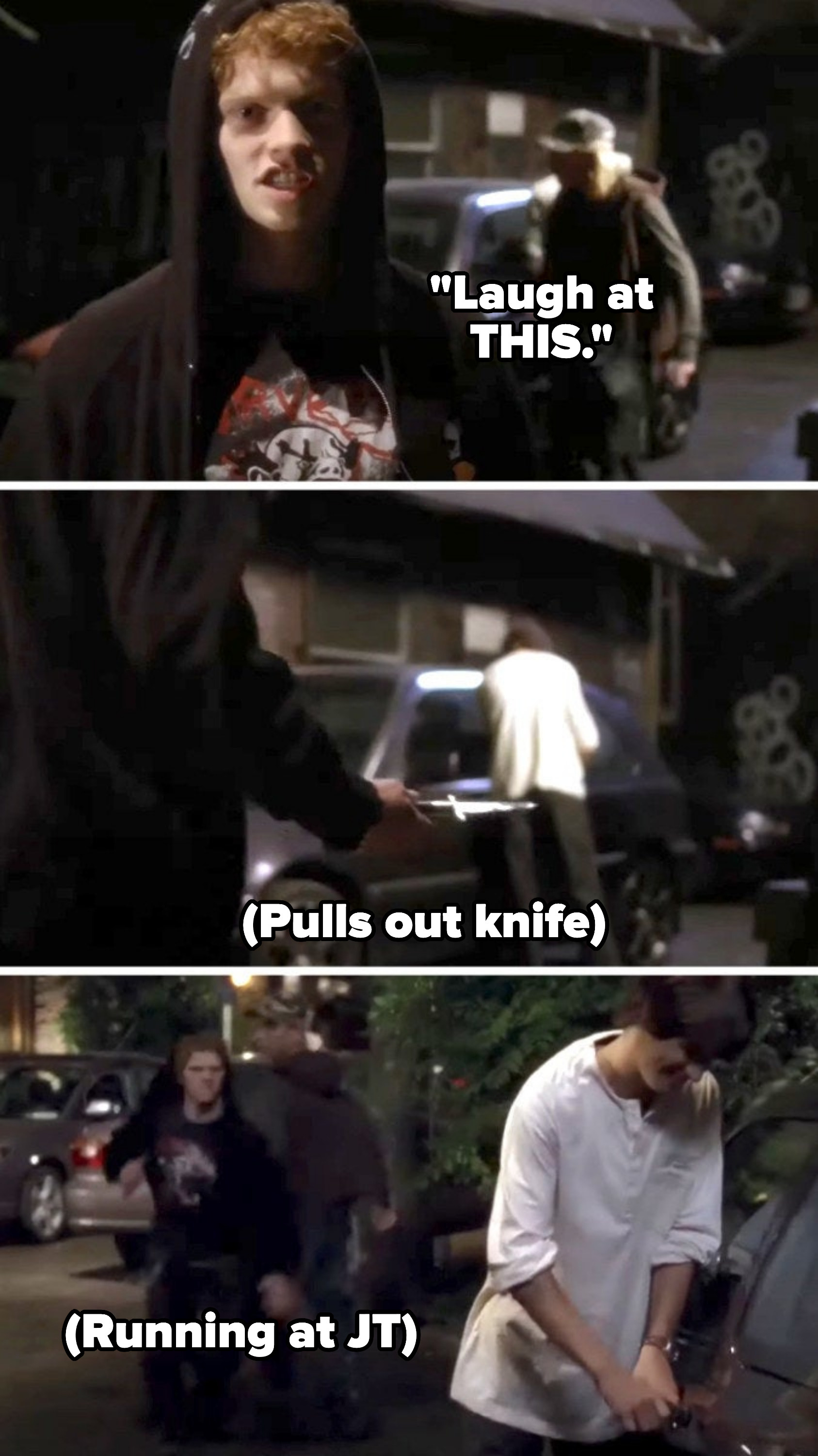 A person with a knife running up to someone trying to get into their car