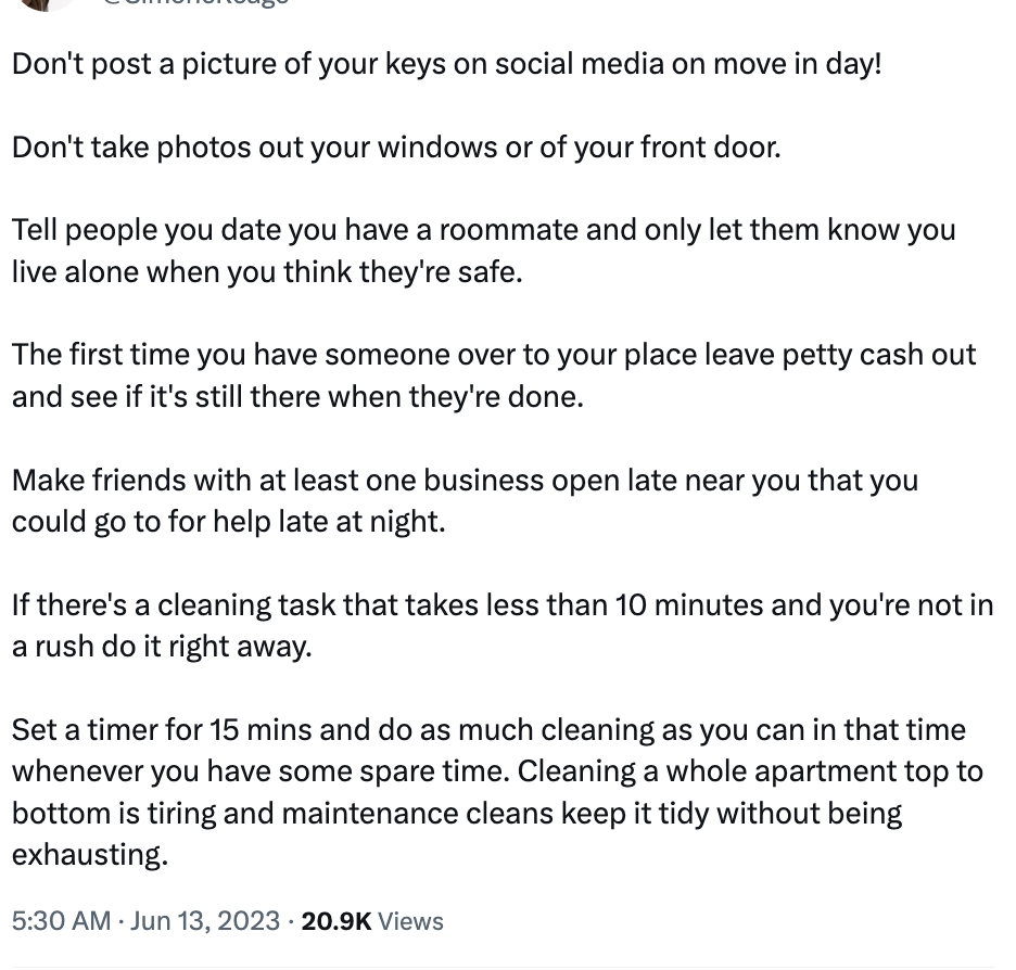 A list of advice from a Twitter user for young women moving on their own