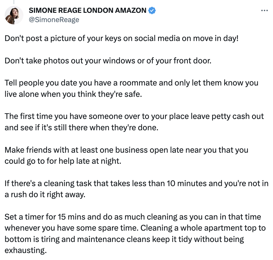 A list of advice from a Twitter user for young women moving on their own