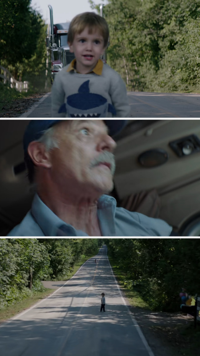 A little boy in the road as a truck driver sees him