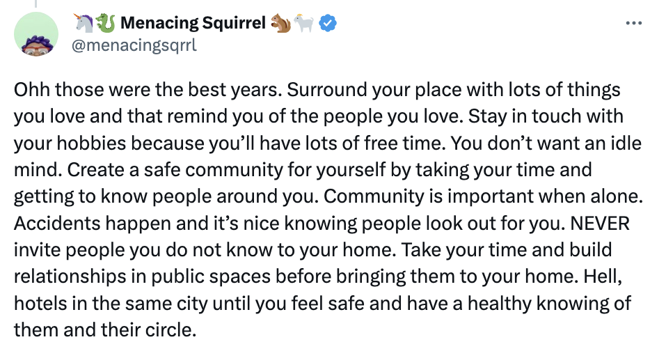 Screenshot of a tweet saying, &quot;Surround your place with lots of things you love and that remind you of the people you love.&quot;