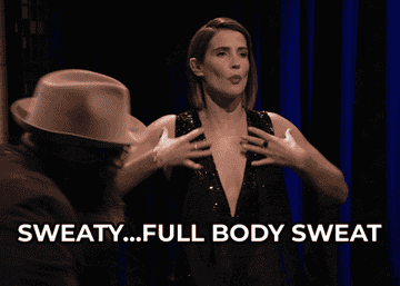 Gif of Colbie Smulders on Fallon saying &quot;sweaty...full body sweat&quot;