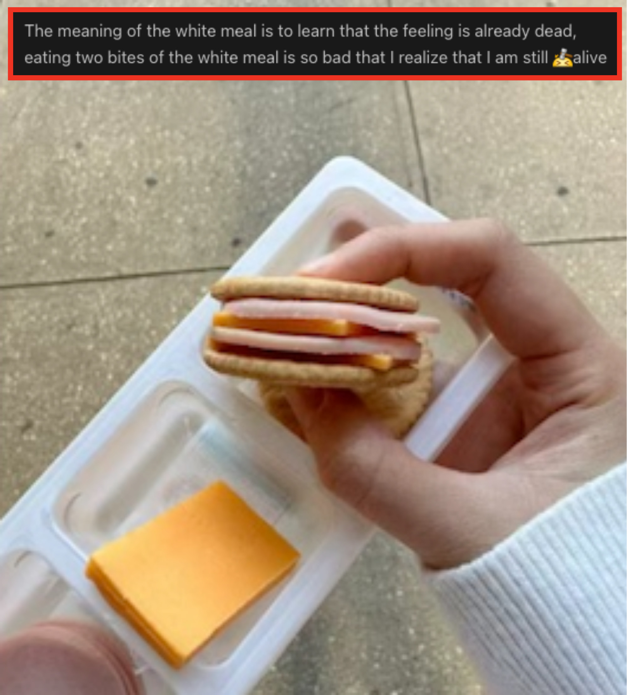 comment overlayed on top of an image of someone eating a Lunchable
