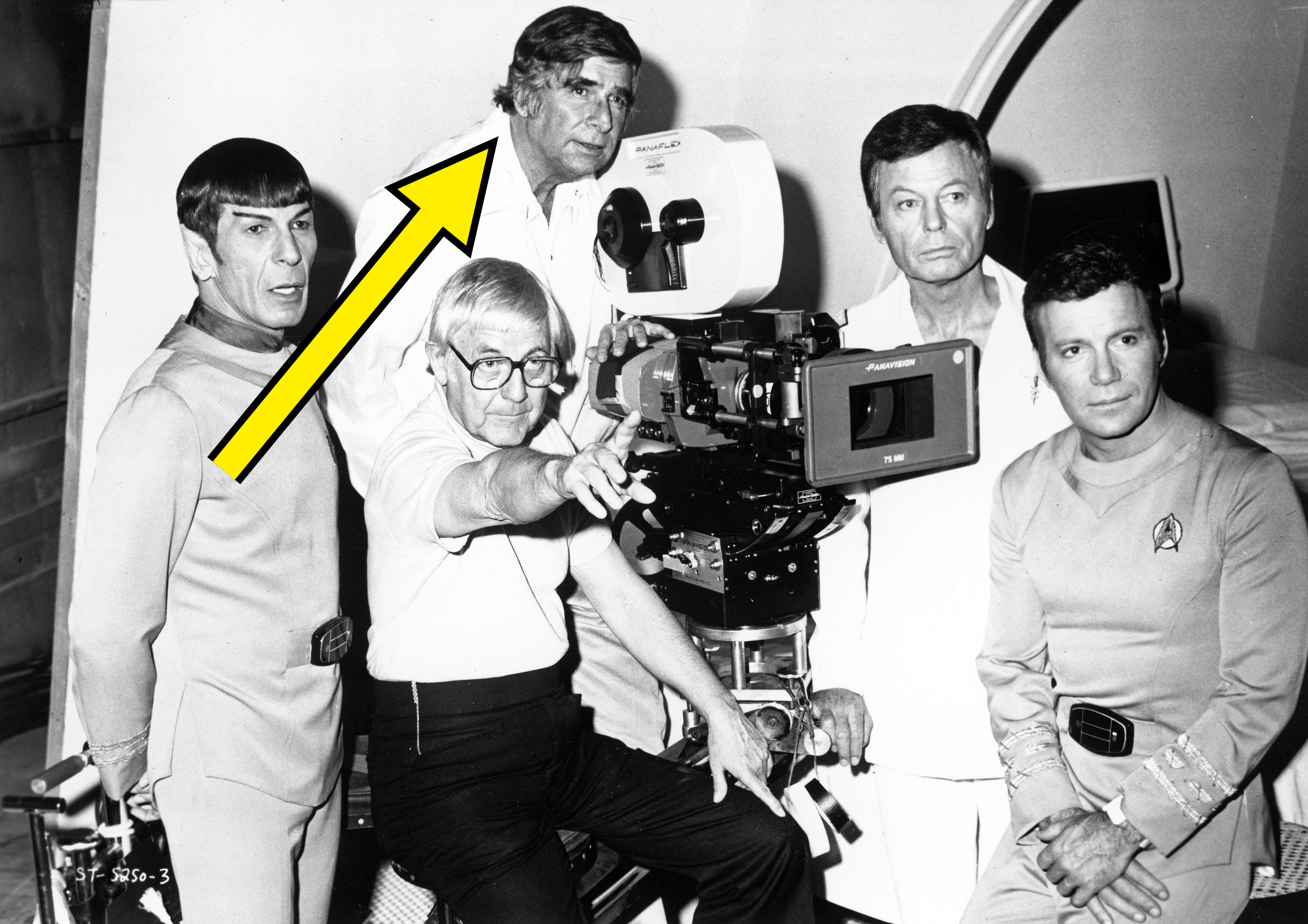 Actors Leonard Nimoy, DeForest Kelley and William Shatner pose for a portrait with writer Gene Roddenberry and director Robert Wise during the filming of &quot;Star Trek: The Motion Picture&quot; in 1979