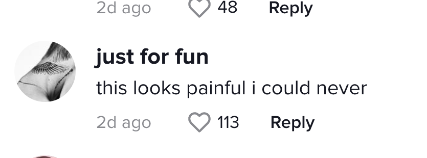 A screencap of TikTok comment &quot;this looks painful i could never&quot; on Hailey Bieber&#x27;s video