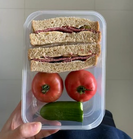 sandwich with two tomatoes and cucumber on the side.