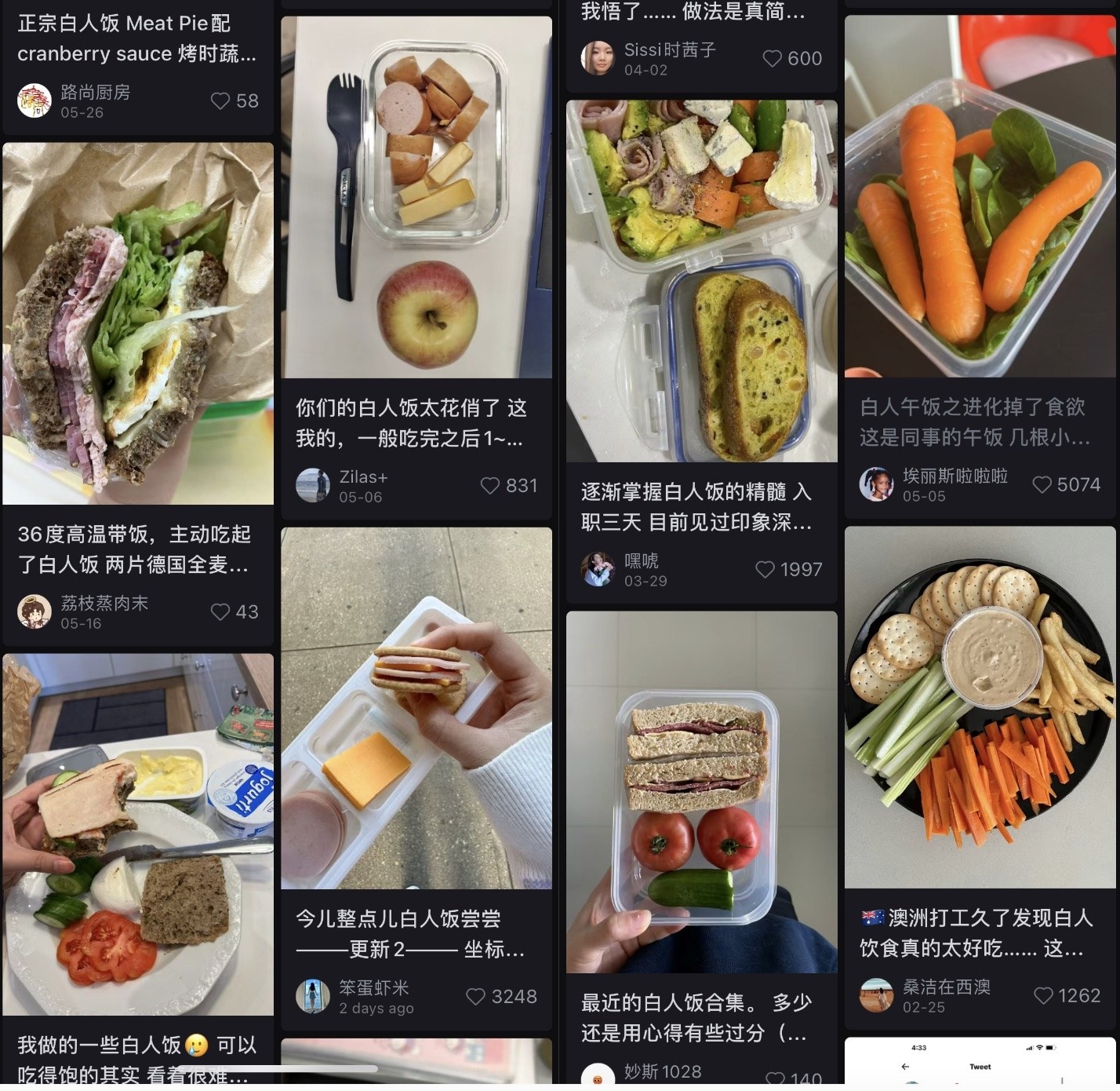 various pictures of white people food like apples, turkey, crackers and dip, on a social media screen