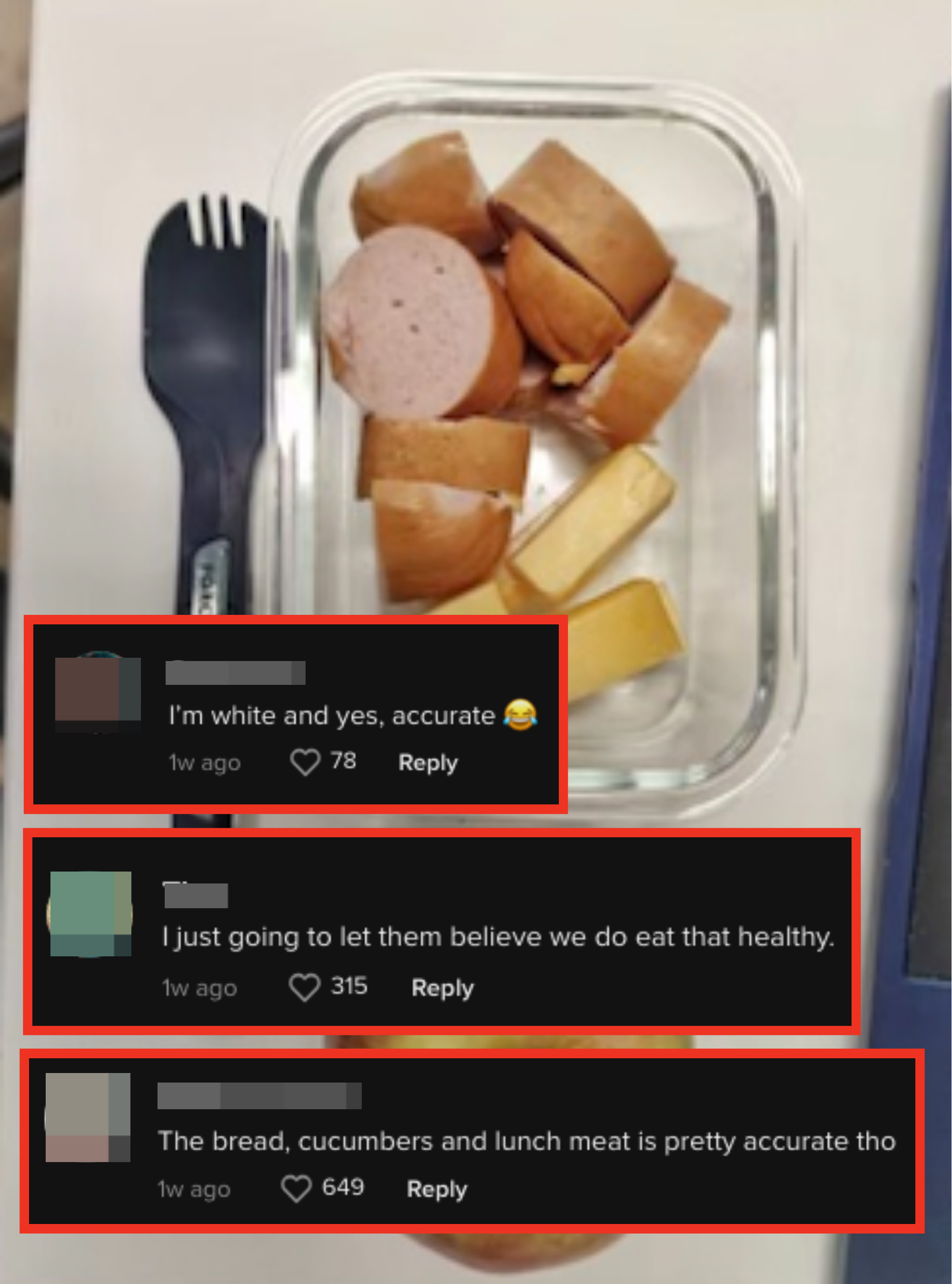 sausage and cheese in a glass tupperware with comments from americans: i&#x27;m white and yes, accurate; I&#x27;m just going to let them believe we do eat that healthy