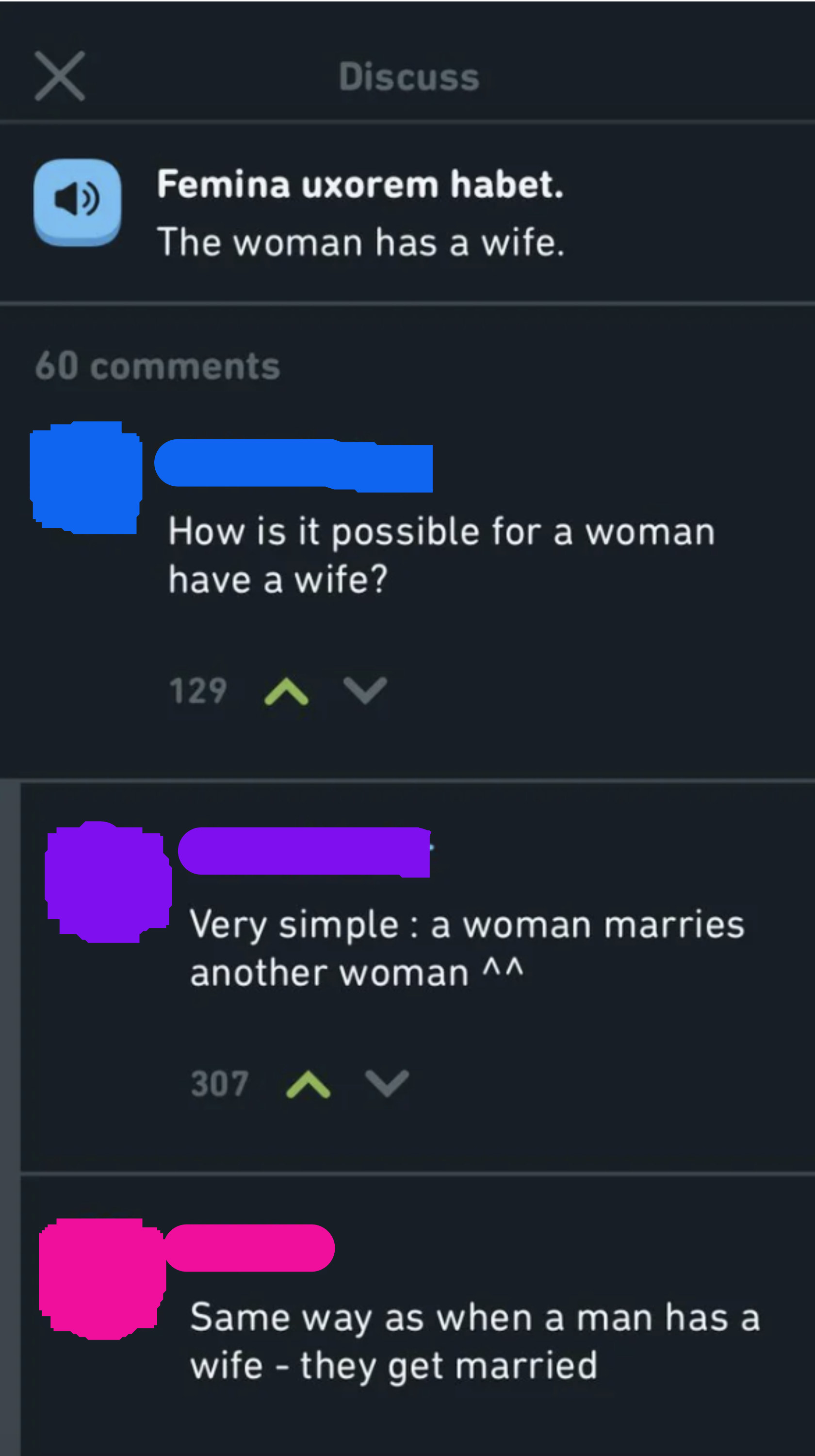 duolingo chat where a person is asking duolingo how a woman can have a wife and duolingo responds the same way a man can have a wife, a woman can marry and have a wife
