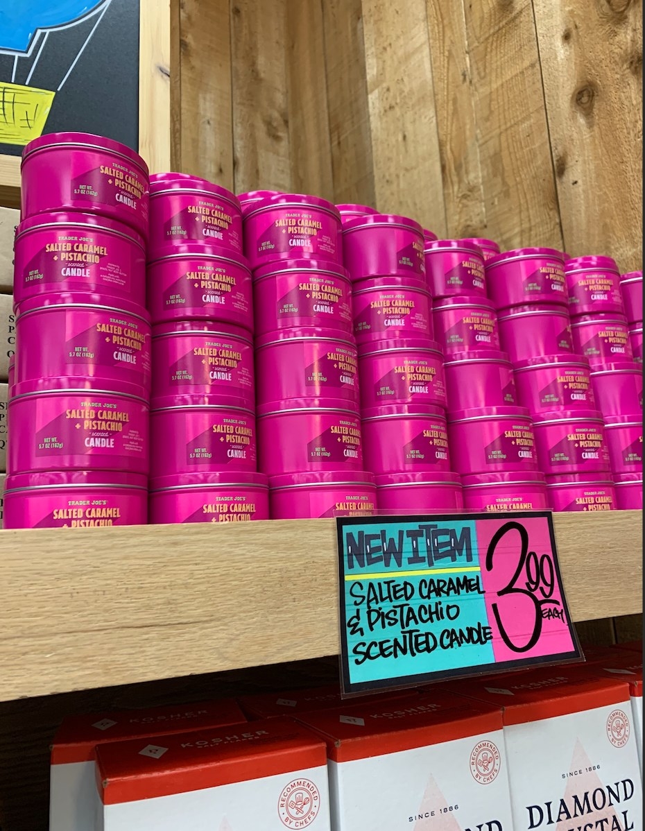 Trader Joe&#x27;s Salted Caramel &amp;amp; Pistachio Scented Candles on display