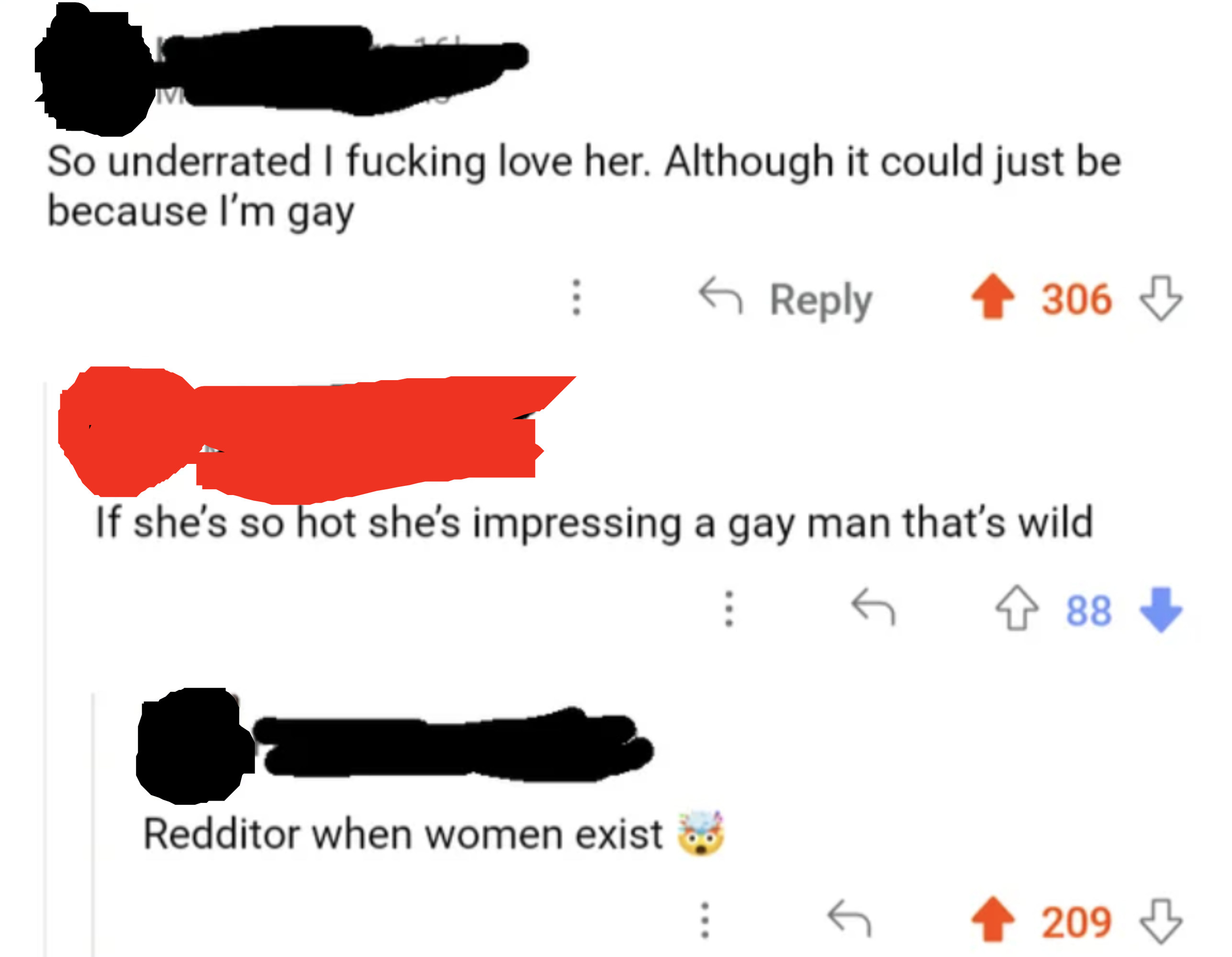 person one: so underrated i fucking love although it could just be because i&#x27;m gay and a commenter thinking that the post came from a gay man because apparently women don&#x27;t exist